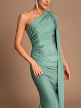 Elegant Green Stretch Knitted One-Shoulder Patchwork Pleated Slim Fit Fishtail Hem Suitable For Date Wedding Bridesmaid Dress